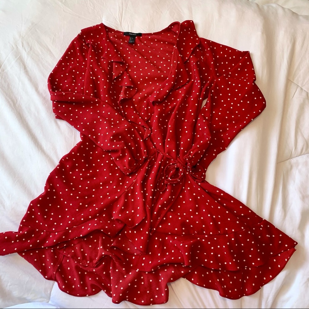 Red Polka Dot Ruffled Wrap Dress